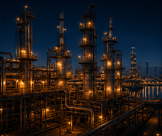 Complejo industrial nocturno con luces ambar